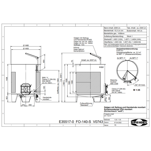 Speidel 2200L, 1400mm Diameter FO Dish Bottom Variable Volume Tank w