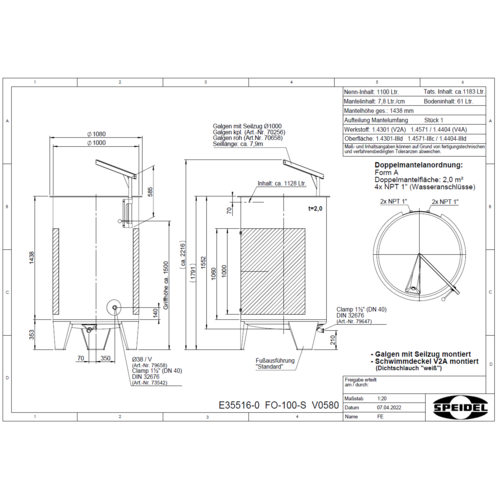 Speidel 1100, 1000mm Diameter FO Dish Bottom Variable Volume Tank w/ Lid | V0580
