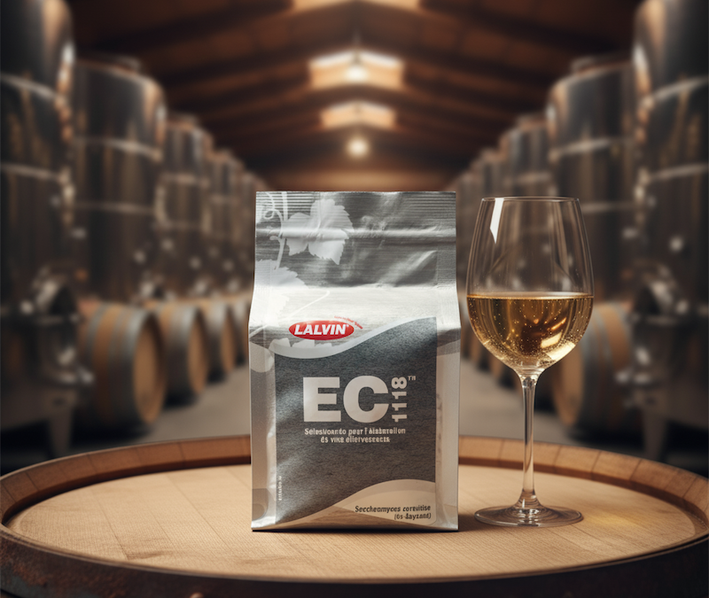 Dry wine yeast next to a glass of white wine in a cellar